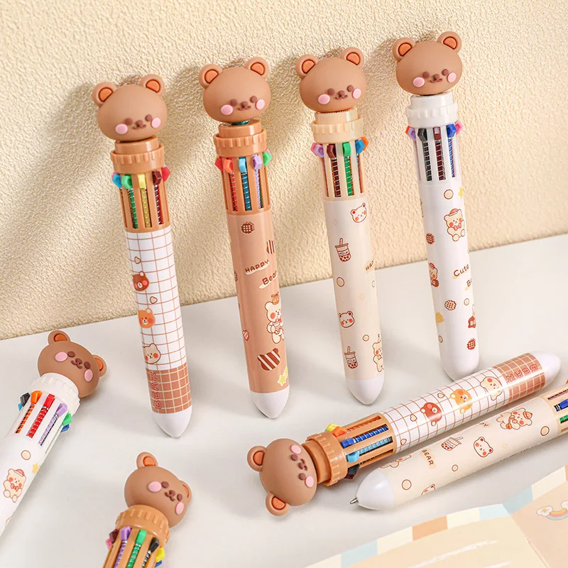 Penna a sfera a 10 colori Cartoon Bear 0.5mm penne colorate in Gel di inchiostro penne Kawaii in Silicone forniture per ufficio scolastico cancelleria coreana