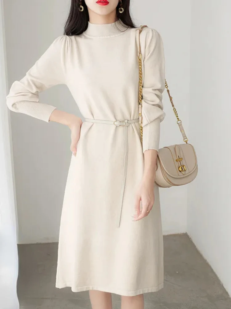 

Elegant Solid Color Basic Knitted Dress Women Chic Turtleneck Bodycon Belt Sweater Midi Dress Korean Fashion Streetwear Clothes