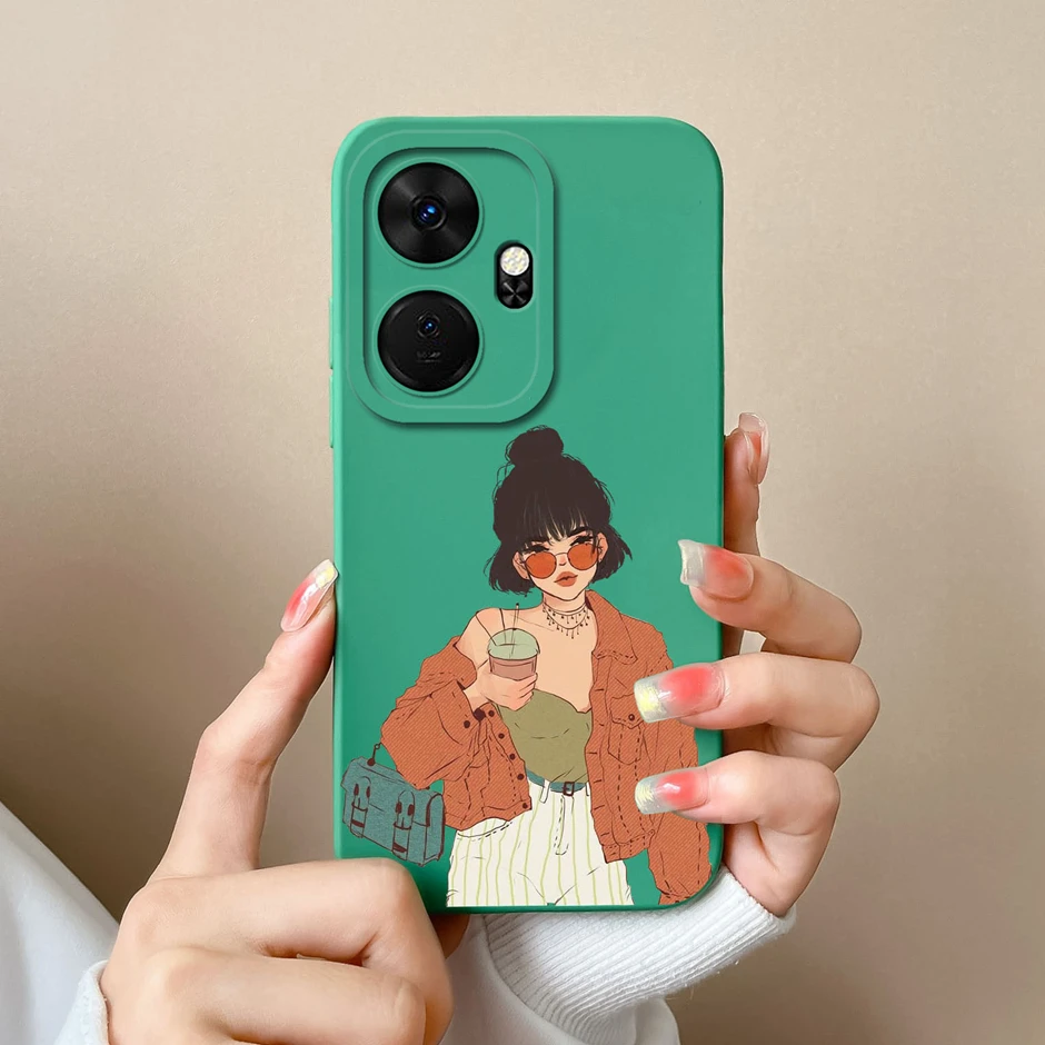Cool Girl Cat Cartoon Pattern Liquid Silicone Soft Phone Case Cover