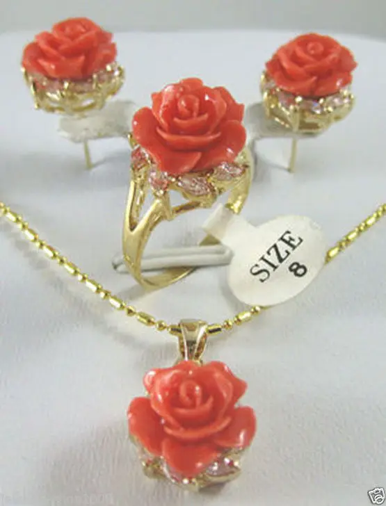 

hot sell new - New tibet Rose coral flower Pendant Earring Ring set + fast Chain AAA style 100% Natural stone Noble Fine jewe