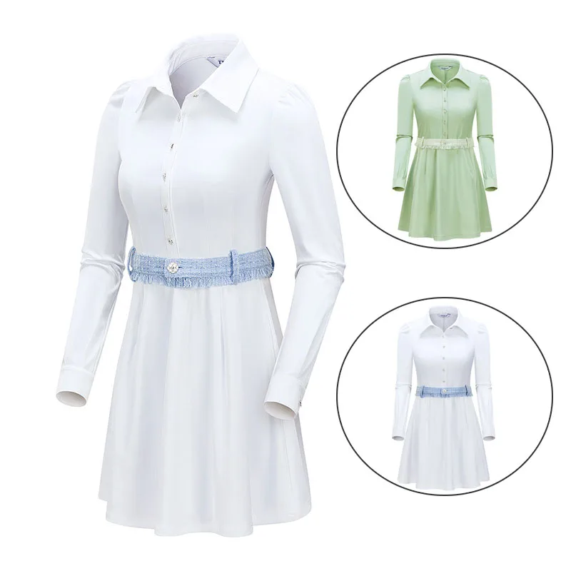 

TTYGJ Autumn Patchwork Slim Golf Dress Women Button Polo Dresses Ladies Puff Sleeve Fashion Skirt Fitness Golf Apparel