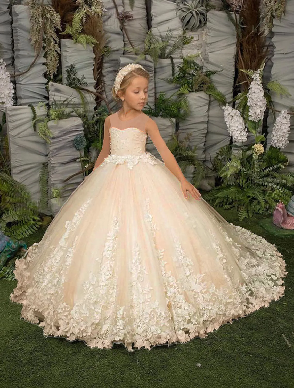 

Illusion Sheer Wedding Flower Girl Dresses Full Sleeves Princess Pageant Dress Long Appliques First Communion Formal Party Gowns