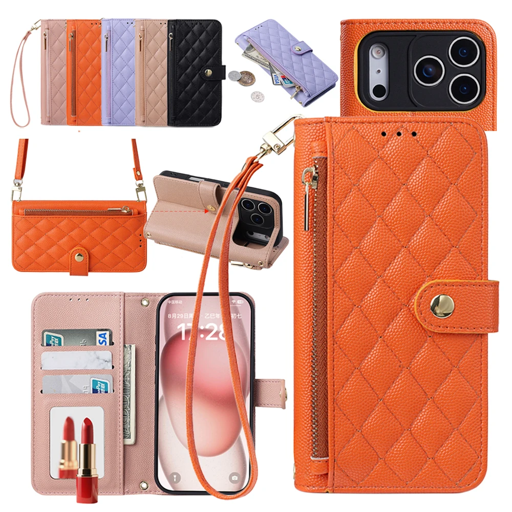 Sleek Crossbody Grid Wallet Case with Stand, Strap, and Mirror - Leather Design with Card & Cash Slots