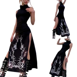 Verão feminino sem mangas vestido longo vintage impressão gola alta magro ajuste split vestido
