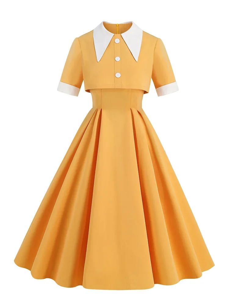 

2024 Elegant Yellow Solid Formal Two Piece Sets Dresses for Women 50s 60s 40s Turn-Down Collar High Waist Vintage Pleated Dress