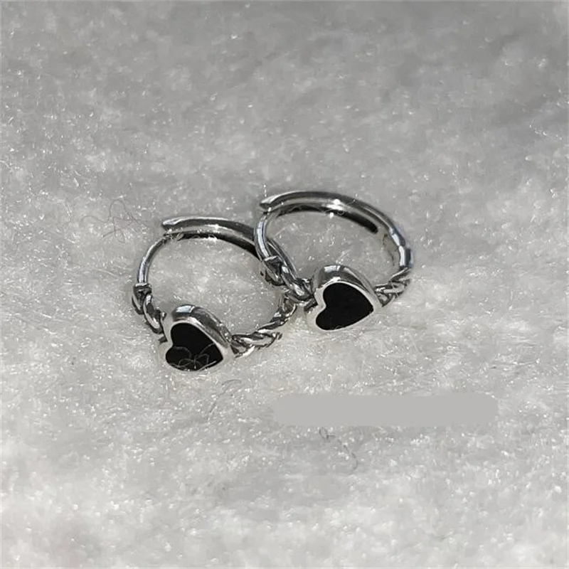 [HAESOOL] 韓国アクセ☆925silver☆Circular twist Earrings Korean Black Twisted Silver Color Hoops Earrings Love Heart