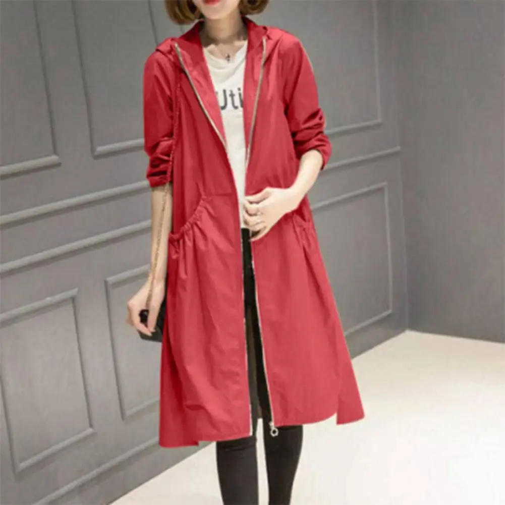 

2024 Women Hooded Mid-length Windbreaker Zipper Placket Long Sleeve Pockets Long Trench Coat Loose Fit Jacket Coat Streetwear