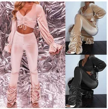 

Women's Thermal Set 2022 Fall/Winter Sexy Navel Bare Long Sleeve Pure Color Pleated Micro-flared Pants Two-Piece Set Women's