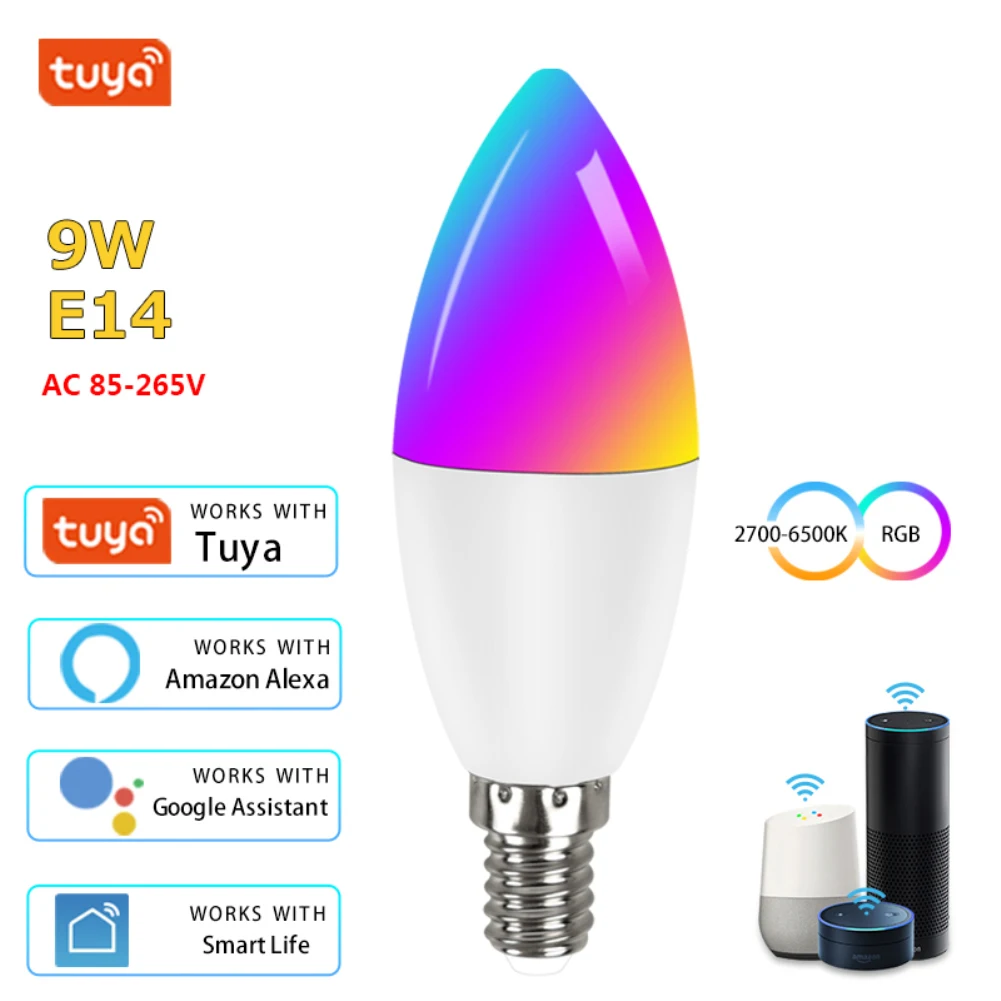9w Wifi Smart Bulb E14 Candle Light Rgb+cw+ww Dimmable Led Lamp Tuya
