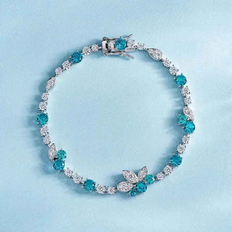 

Sparkling Solid 925 Sterling Silver Paraiba Tourmaline Diamond Chain Bracelet Bangle Women Wedding Party Fine Jewelry