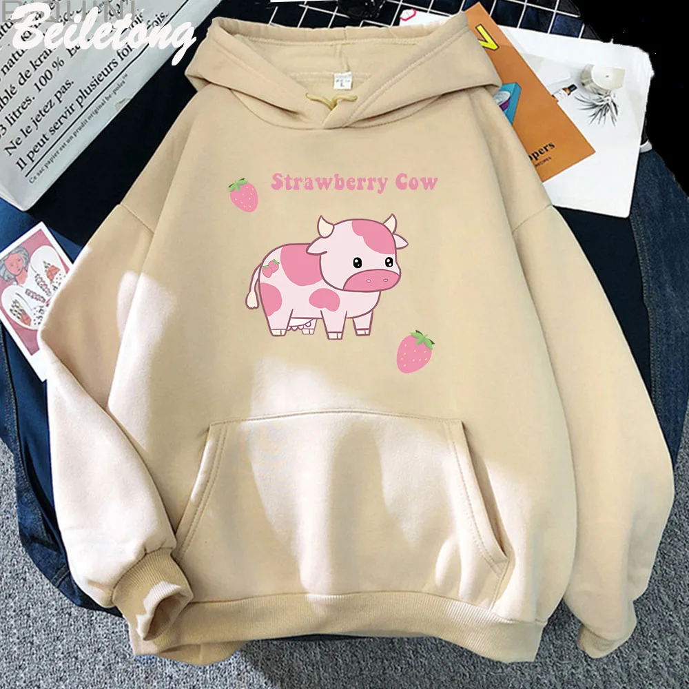 Women's Kawaii Strawberry Cow Hoodie - Cute Graphic Fuzzy Pullover Sweatshirt, Blue, Size XXL (US L) - View #4