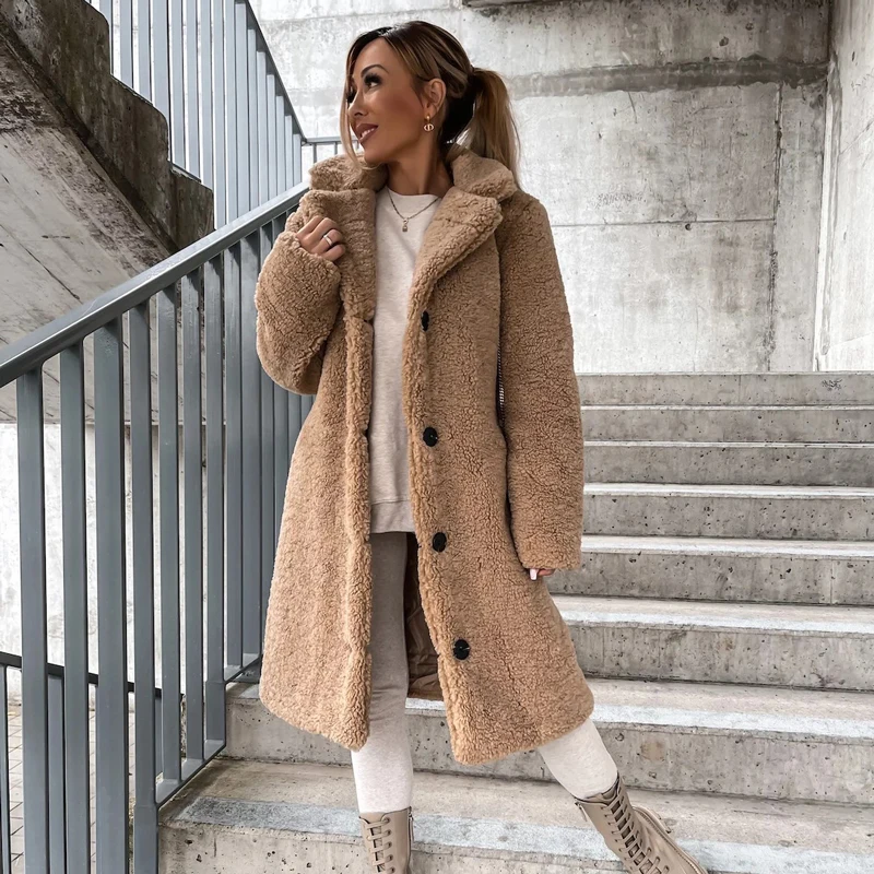 

2023 Winter Single Breasted Outerwear Teddy Plush Overcoats Female Chic Solid Streetwear Coats Faux Wool Blends Women Warm Coat