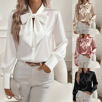 Women's Satin Solid Color Bow Tie Neck Long Sleeve Dressy Elegant Tie Neck Blouse Shirt Tops, Casual Office Work Blouse Tops 1