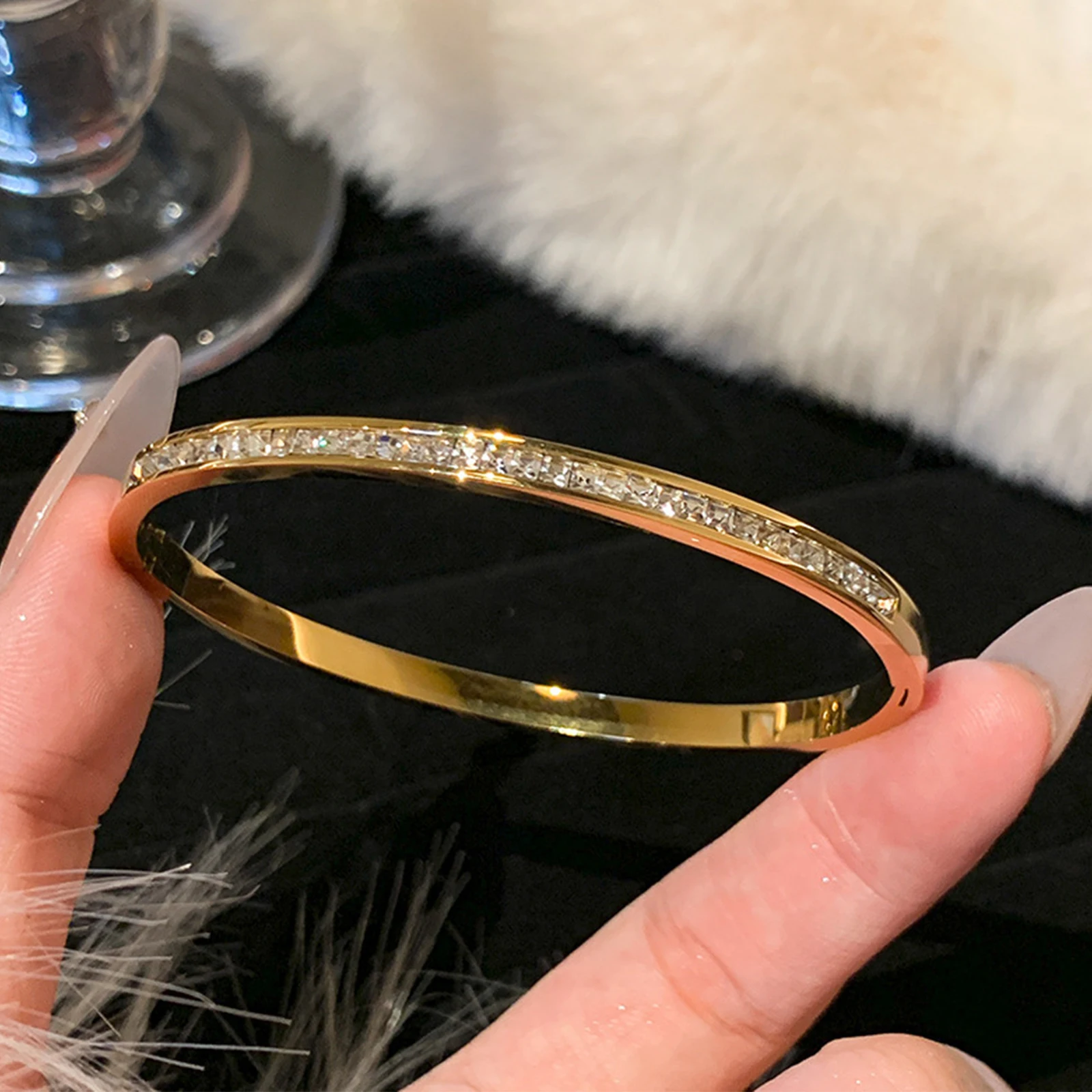 Zircon Bracelet Titanium Steel Gold Fashionable Classic Style Stainless Steel Inlaid With Zircon For Womens Daily Wear 1pc