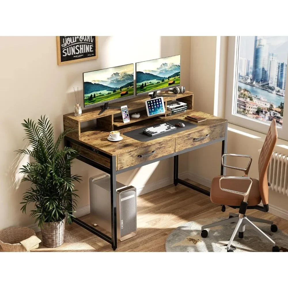 47" Home Office Desk With Monitor Shelf Gaming  Work Desk Study Desk for Bedroom Computer Table Rustic Brown Furniture 2