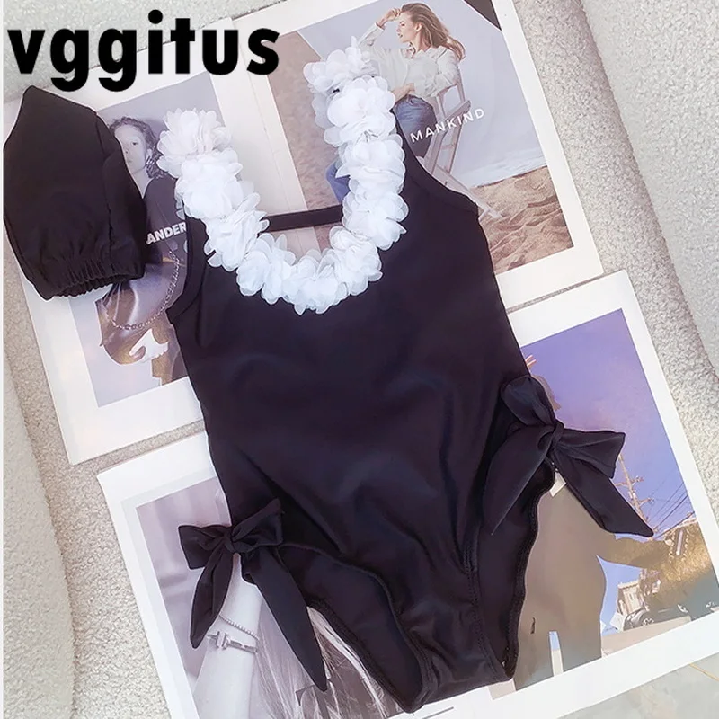 

New Summer Girl Swimwear White Lace Backless Children's Swimsuit and Cap Cute Children's One Piece Hot Spring Beach Suit H3070