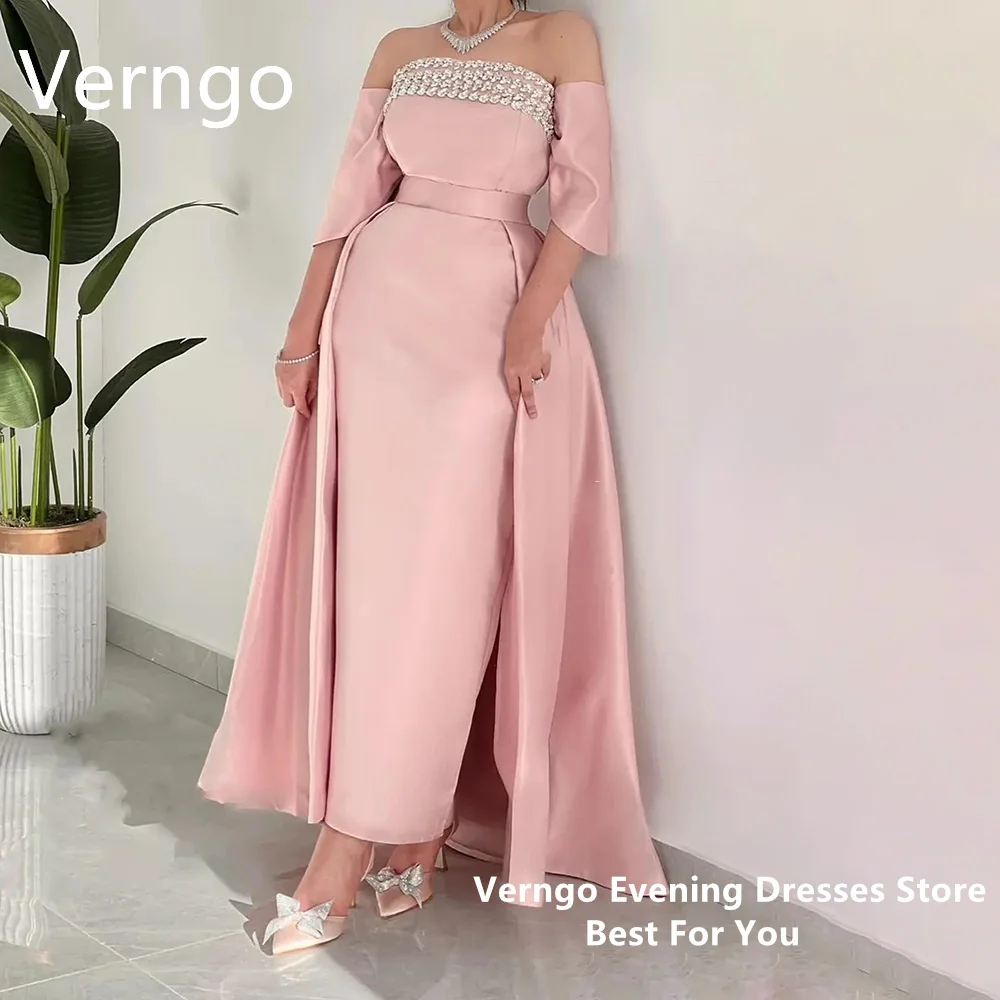 

Verngo Blush Pink Satin Party Dress Sequined Mermaid Prom Gowns With Train Off The Shoulder Floor Length Evening Dress