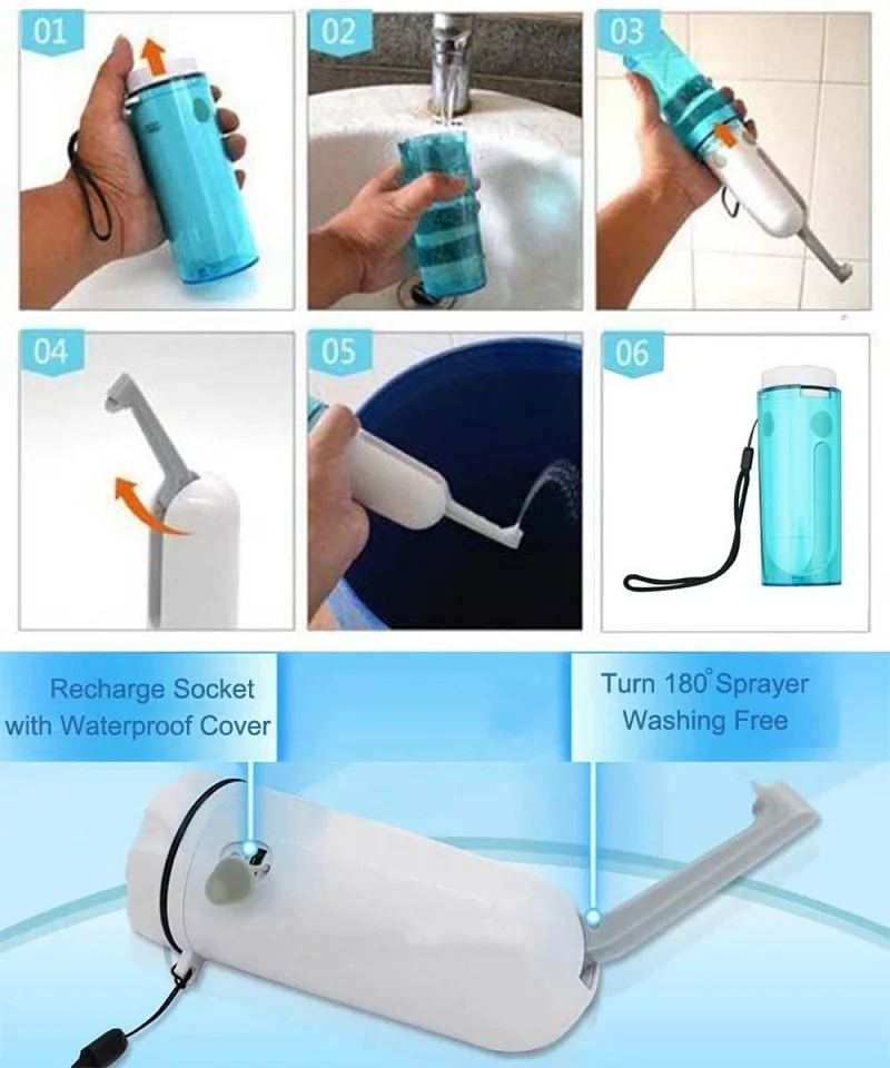 휴대용 전기 비데 여행 분무기, 휴대용 개인 위생 청소, 베이비 케어 USB 충전기, 230ml, 180 ° 조절 가능 노즐
