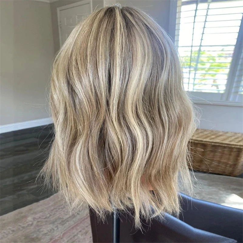 Blonde Bob Wig Dirty Ashy Highlights High Heat Fibre Synthetic Lace Front Wigs Dark Roots Short WAvy Cosplay Wig for Women synthetic human hair wig