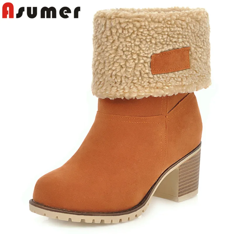 

ASUMER 2024 Size 33-43 New Concise Flock Women Winter Boots Ladies Slip On Mid Calf Boots Square High Heels Platform Shoes