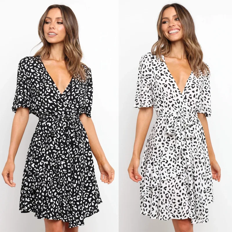 

White Mini Summer Dresses Women V Neck Casual Beach Sundress Sexy Botton Wrap Bodycon Dress Female