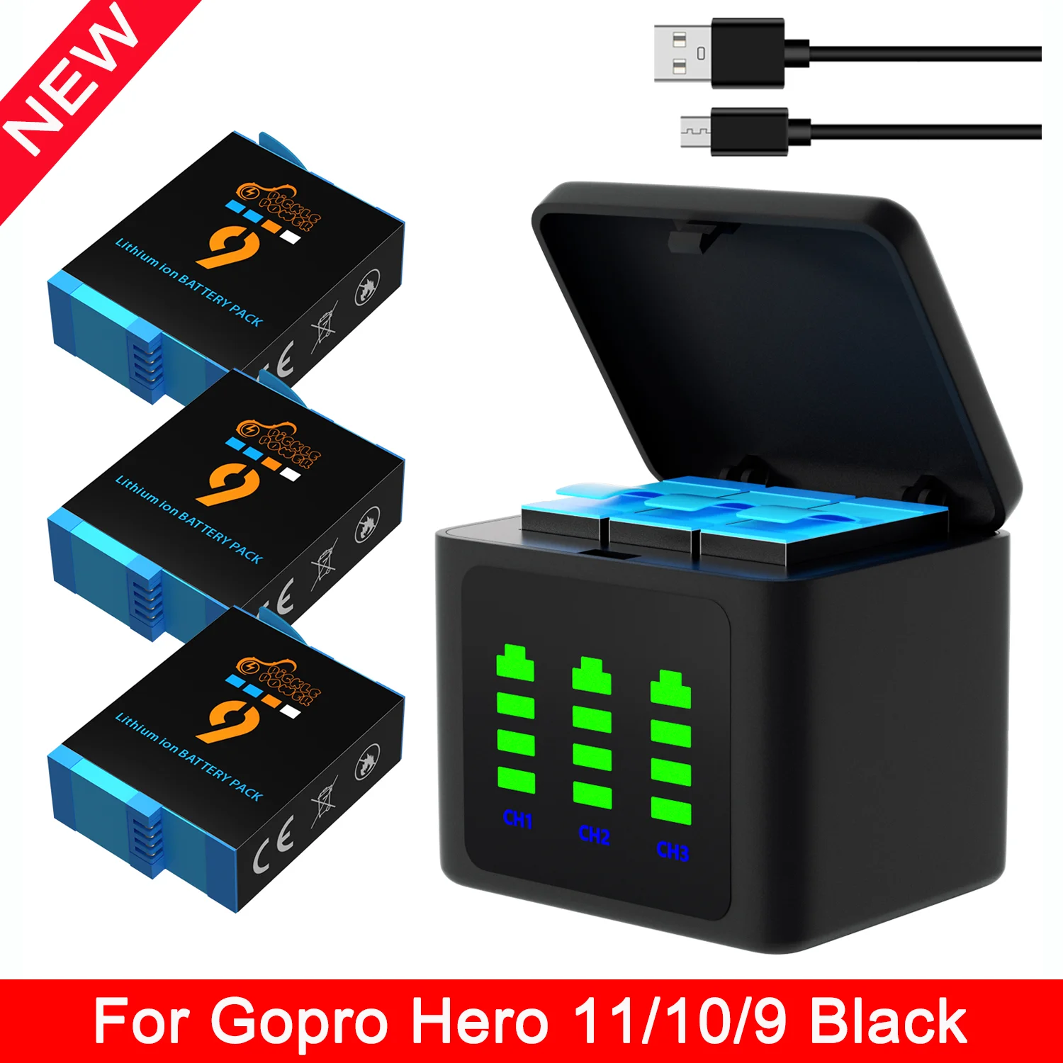 TELESIN Cargador Triple y Caja de Almacenamiento de Batería con Cargador de  3 Canales con 2 Baterías Li-Ion para GoPro Hero 12 Hero 11/10/9 Black (1  Cargador + 2 baterías) : : Electrónica
