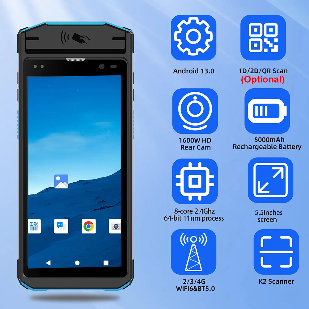 Kcosit K58 Handheld UHF Rfid Reader Android 13.0 Barcode Scanner Industrial PDA with Fingeprint Reader QR Code Mobile Computer