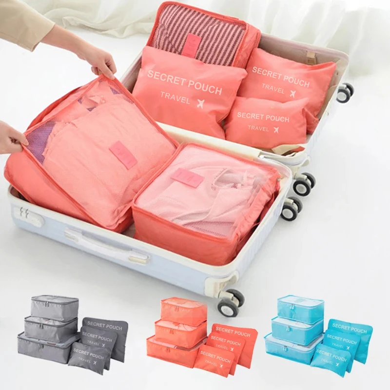 6 Pcs Set Pink Blue Grey Travel Storage Bag Large Capacity Waterproof...