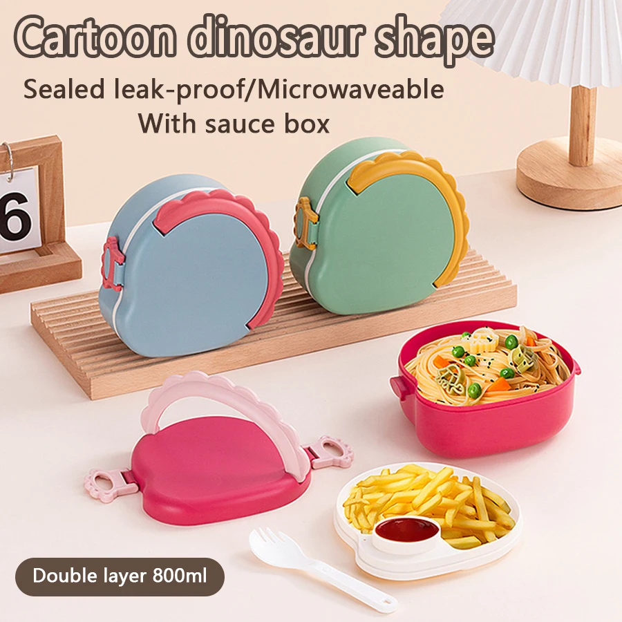 

Cartoon Dinosaur Children's Lunch Box, Double Layer Sealed Leak-proof, Studentlunch Box with Carrying Handle, Birthday Gift