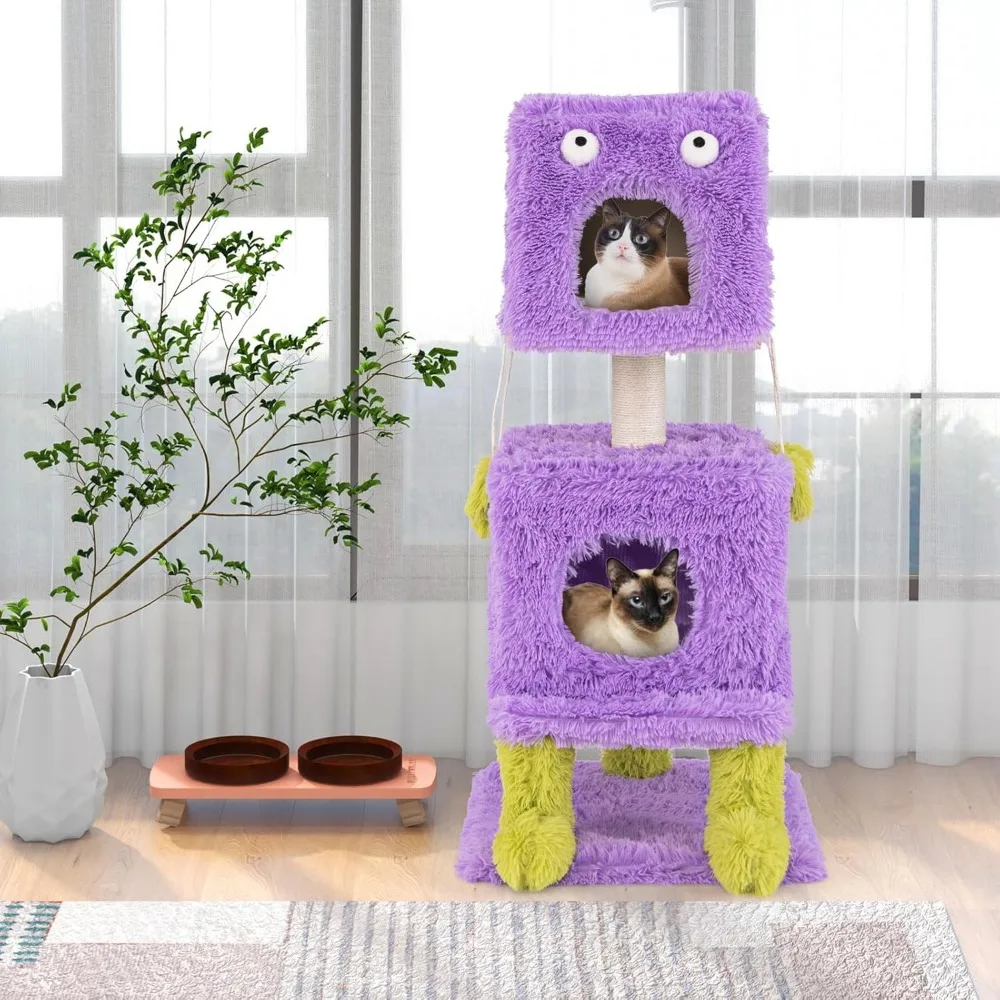3-Tier Monster-Themed Cat Tower – Sisal Scratching Posts, 2 Enclosed Condos & Hanging Toys