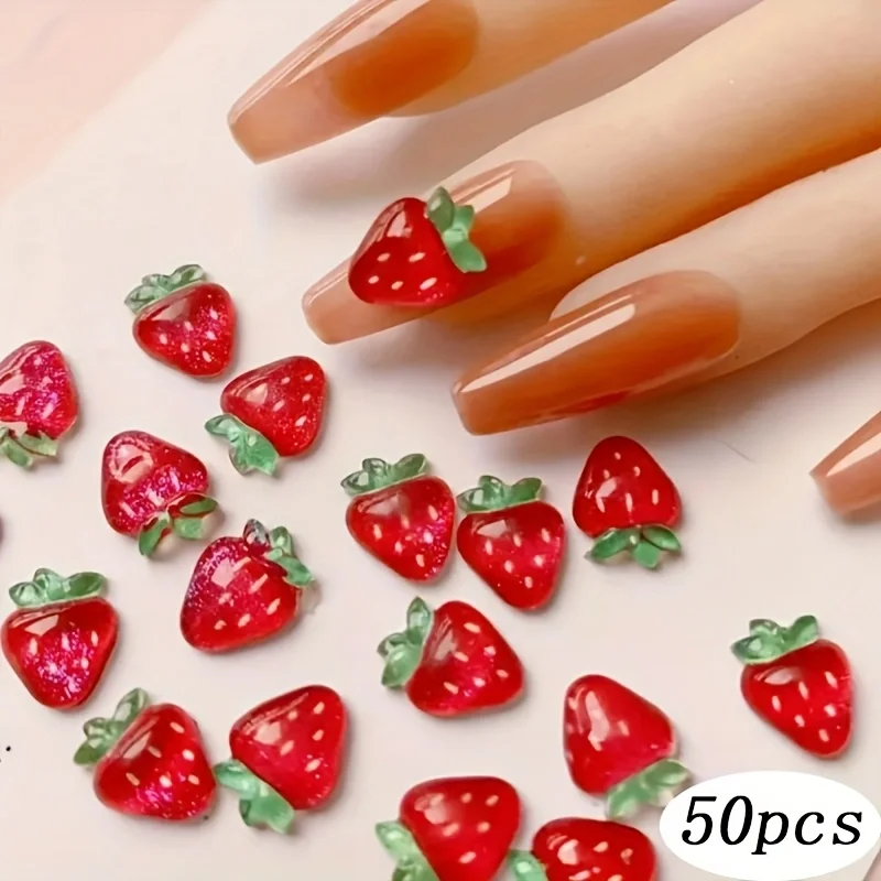 사랑스러운 딸기 네일 장식 50개, 3D 레진 디자인으로 봄과 여름 매니큐어에 딱 맞으며 C를 더해줍니다.