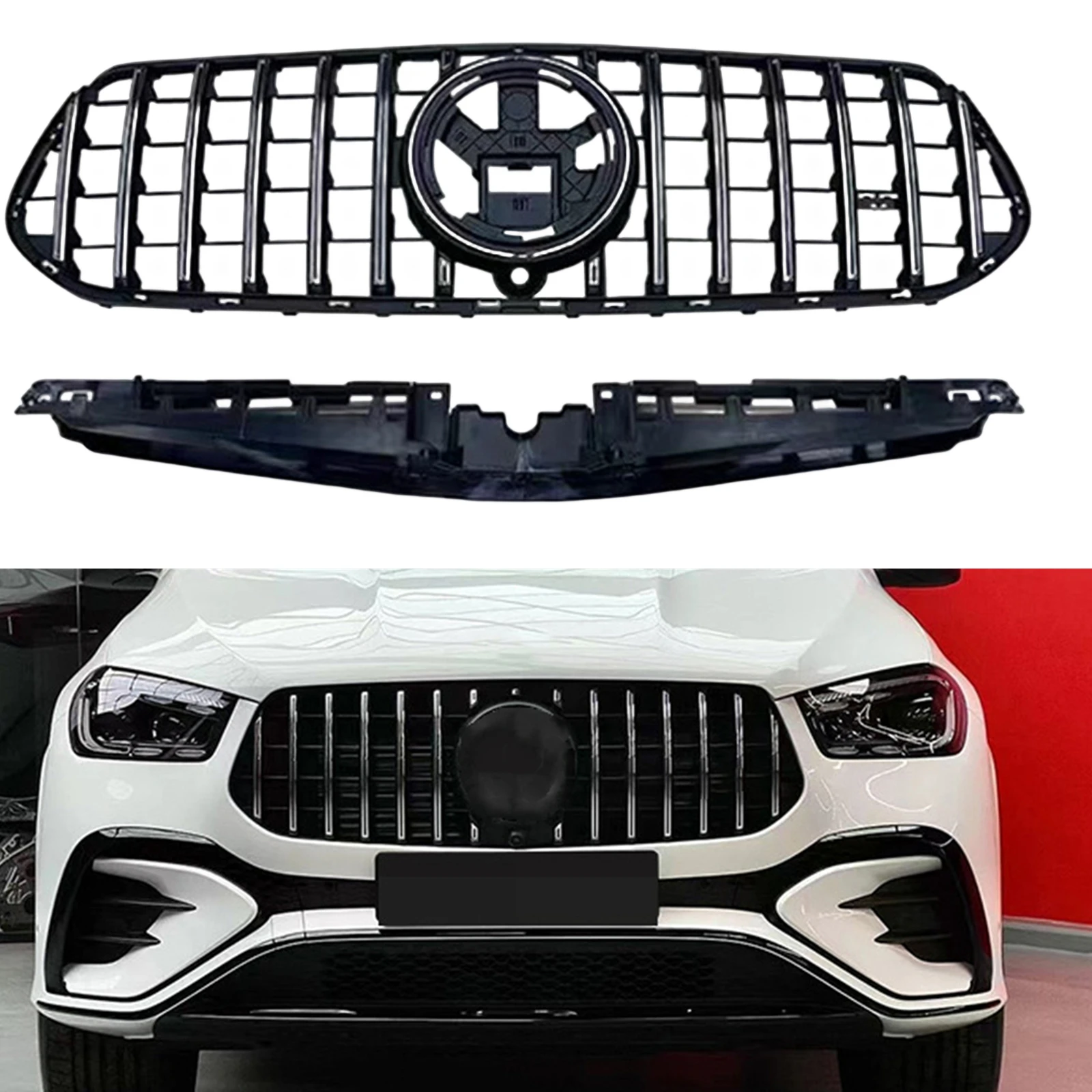 

GT R Style Front Grille Grill For Mercedes Benz W167 GLE Class GLE350 GLE450 GLE580 2024 Sport Upper Bumper Hood Mesh W/ Bracket