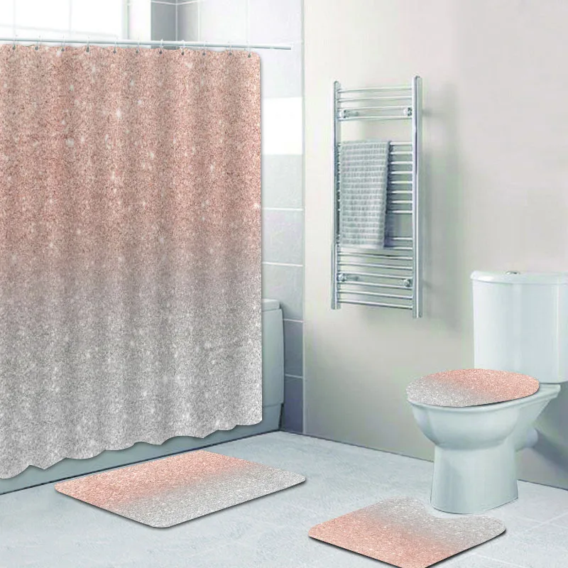 

Shower Curtain Set Luxury Pink Silver Gold Falling Glitter Confetti Metallic Sparkle Shower Curtain Set Toilet Mat Anti-slip Rug
