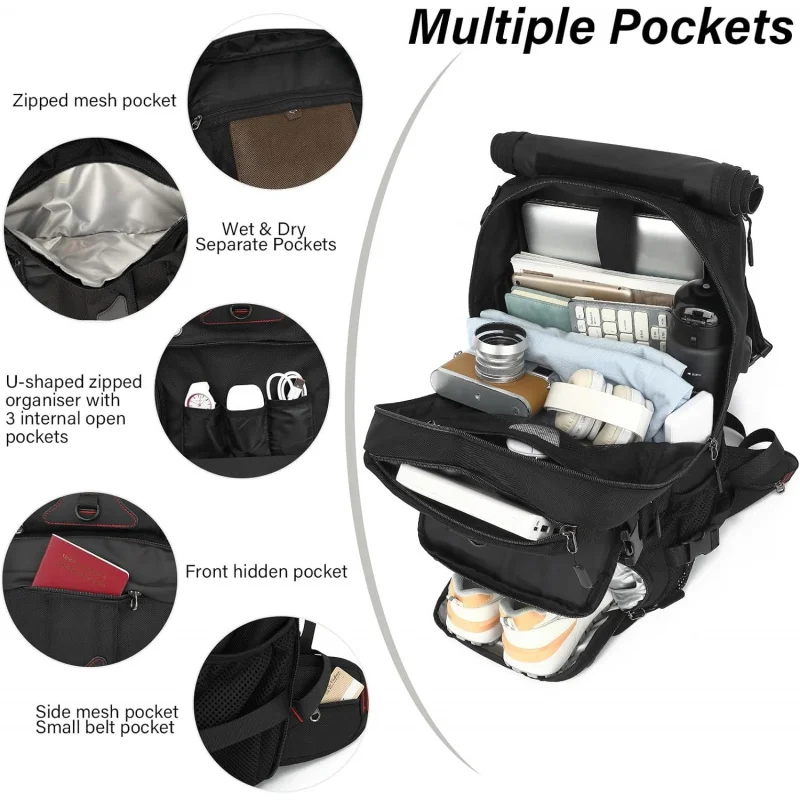 Men's travel backpack 50L large portable backpack, durable and convertible luggage bag with shoe compartment, - 4