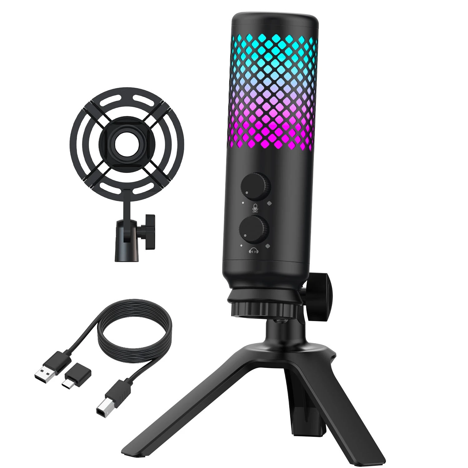 Profesional Micrfono RGB Lighting Tripod Stand USB Condenser Gaming Mic