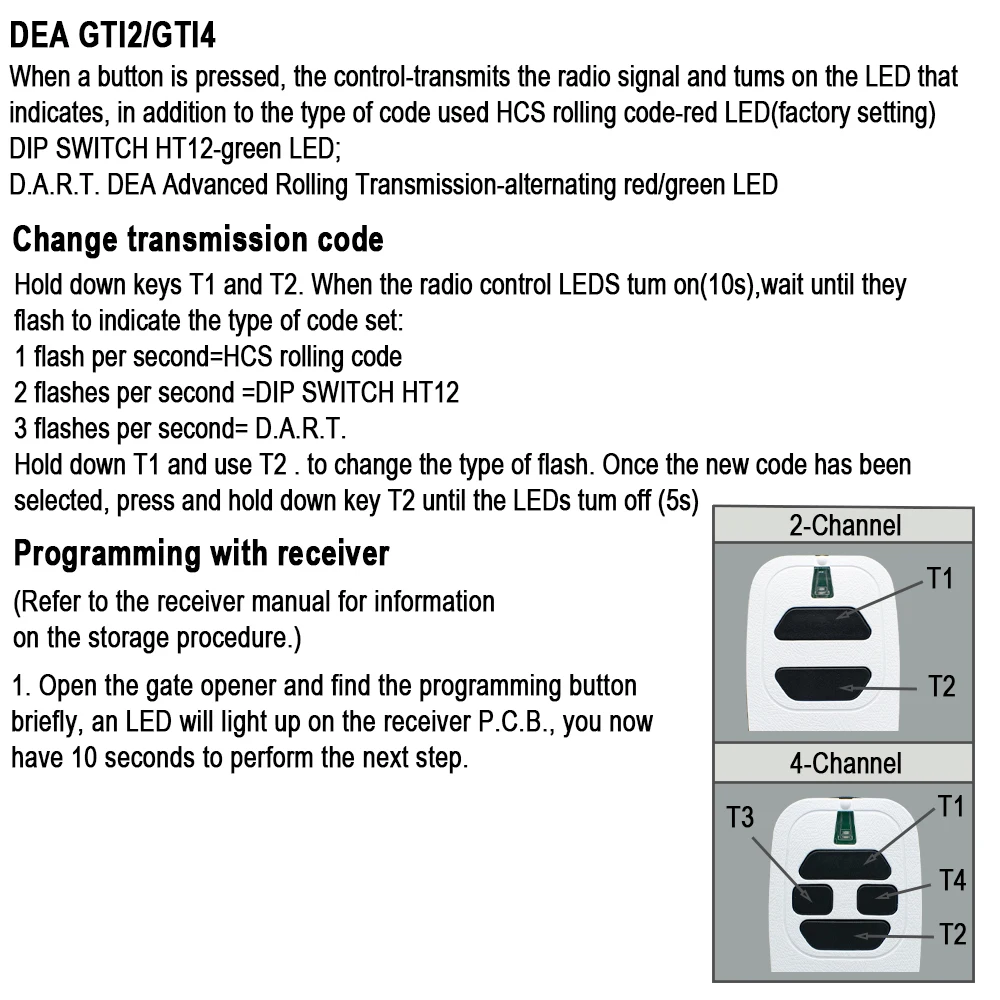 DEA GT2 GT4 GTI2 GTI4 GTI2N GTI4N GTI2M GTI4M TR2 TR4 TR2N TR4N GENIE 273 273L TD2 GT2M Garage Door Remote Control 433.92MHz 5