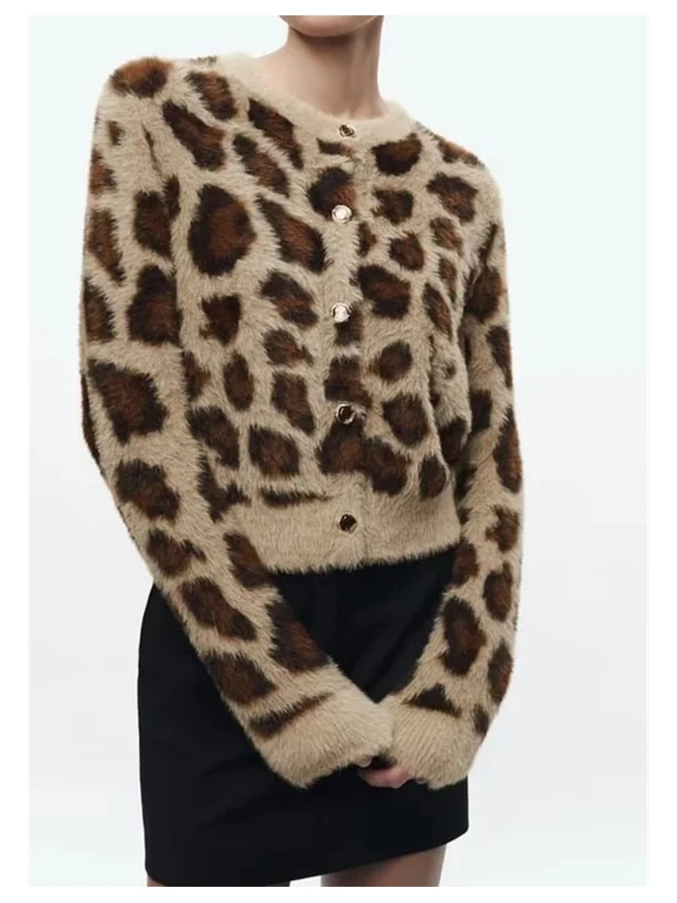 

Vintage Leopard Print Womens Knitted Furry Loose Cardigans Female 2023 Autumn Winter Fashion Animal Print Elastic Sweaters