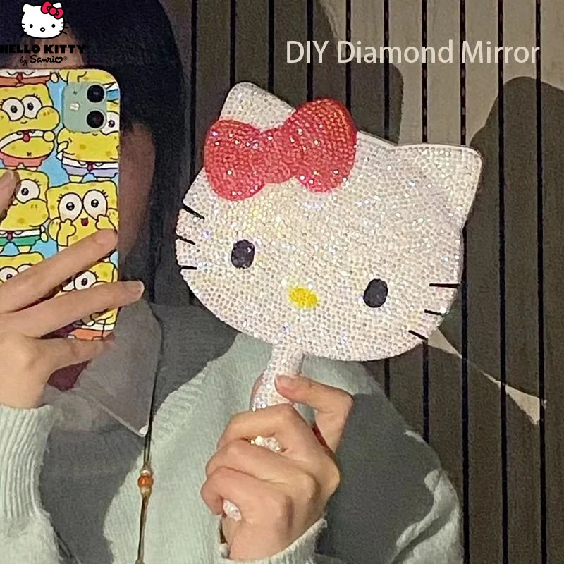 

Hello Kitty Mirror Hand-applied Diamonds Kawaii Cartoon Diy with Diamonds Cosmetic New Handle Mirror Home Anime Cosmetics Tools