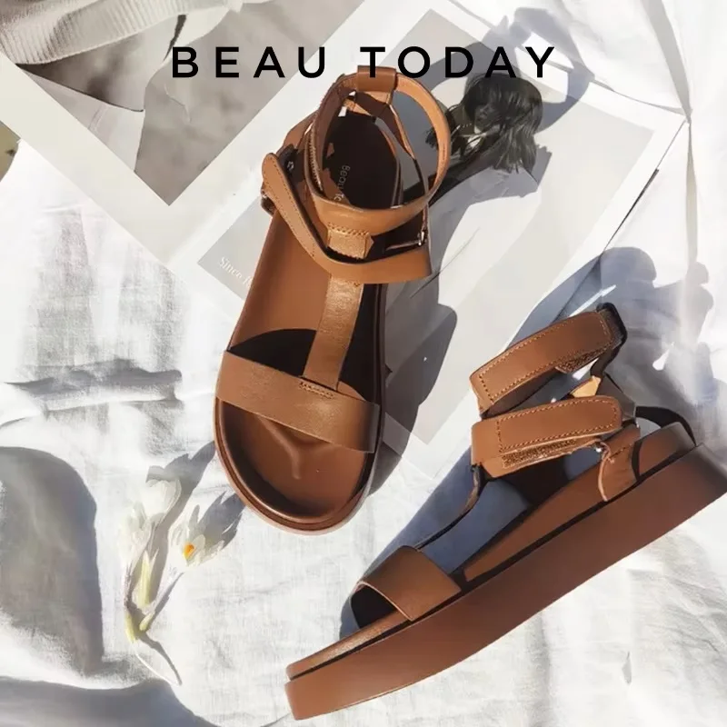 Women Sandals BeauToday Summer Gladiator Sandals Women Calfskin Leather Open Toe T-bar Strap Hook & Loop Summer Ladies Shoes Handmade 07130