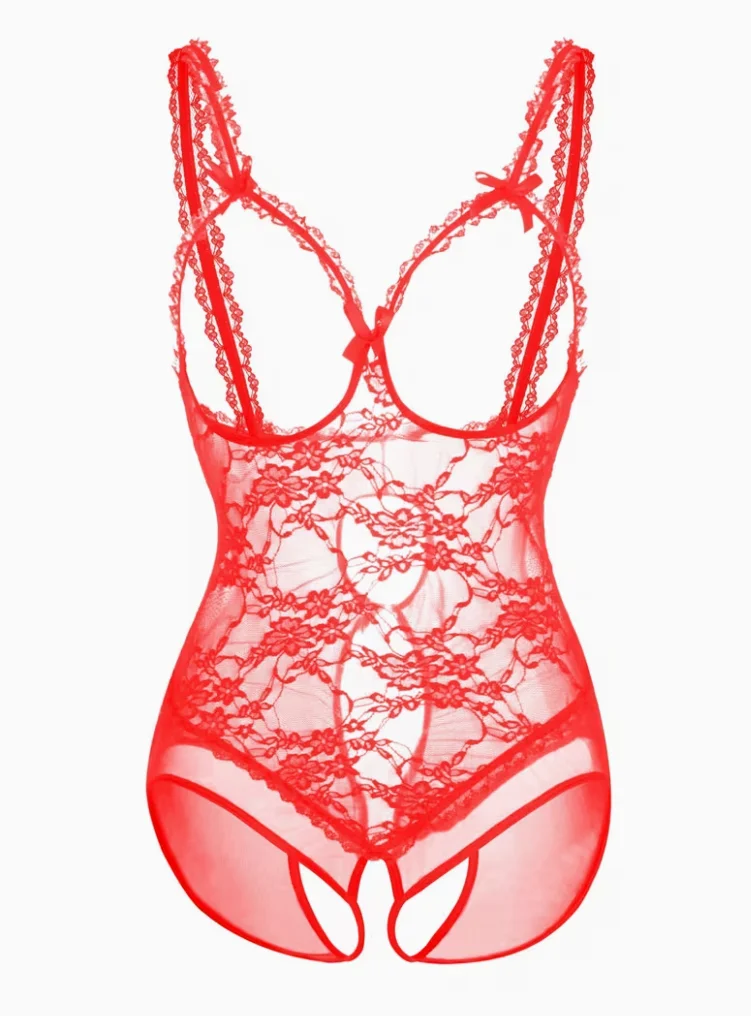 Plus Size Sexy Lace Bodysuit - Floral Lace Design, High Stretch, No Belt, No Chest Pad, Stretchy Fabric, Adult Women's Lingerie,_voghion.com