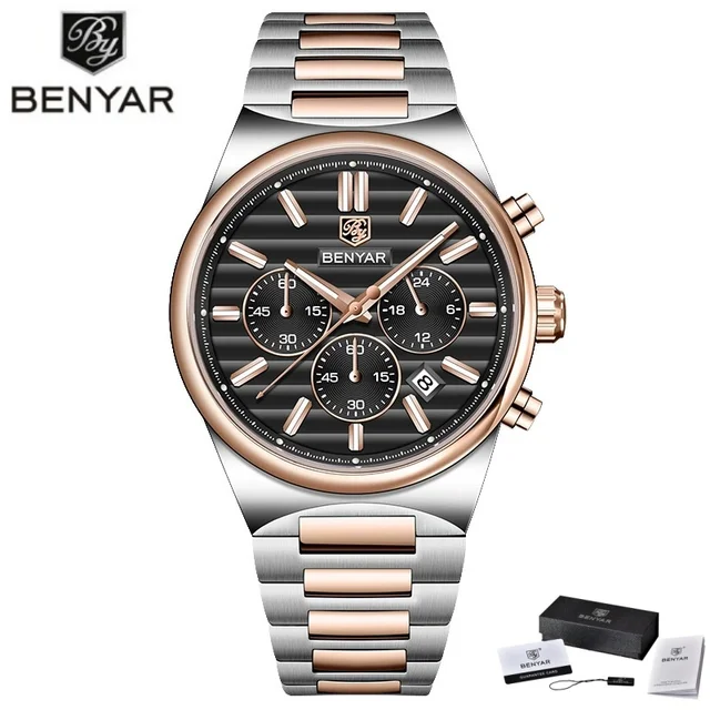 BENYAR 5214 Top Brand Men's Watches Luxury Classic Business Watch for Men Original Waterproof Stainless Steel Chronograph Clock