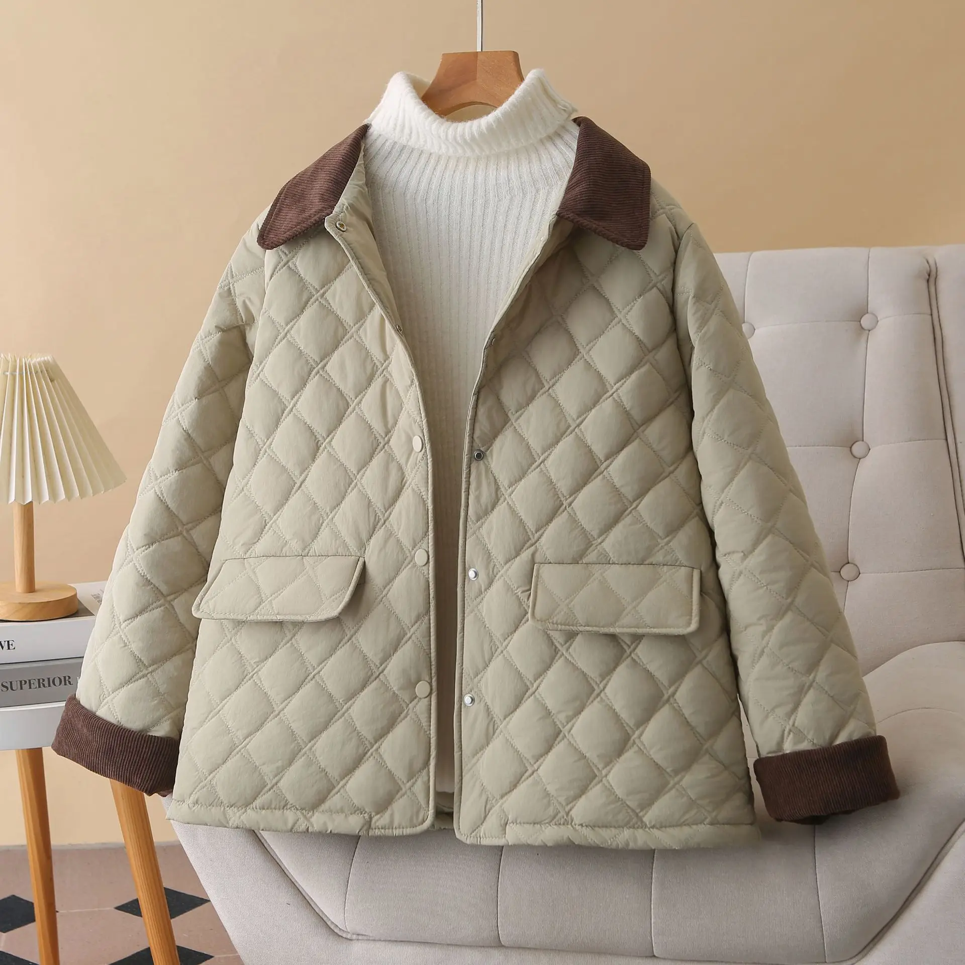 XXXXL Fashion Plus Size Women's Parkas 2025 Stylish Block Oclor Lapel Argyle Padded Jacket Casual Warm Coat 650