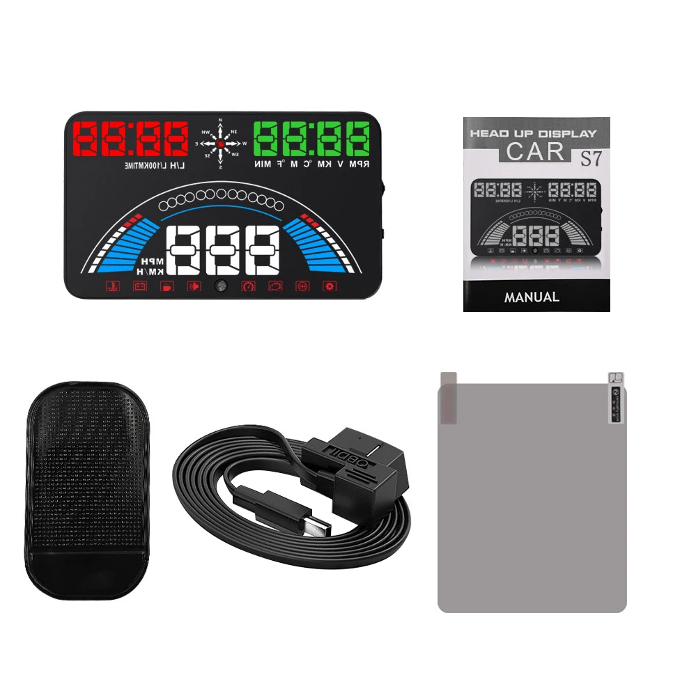 

S7 HUD Head Up Display Auto HUD OBD2 Car Speed Projector Vehicle Speeding Warning Fuel Consumption Water Temperature RPM