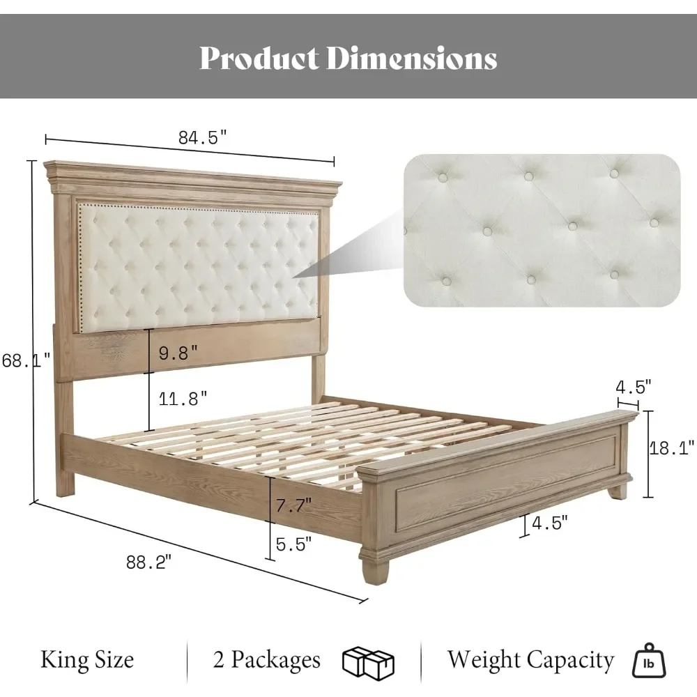 Queen Size Bed Frame with Upholstered Headboard, Solid Wood Mid-Century Platform Bed, Architectural Design, No Box Spring Needed 5