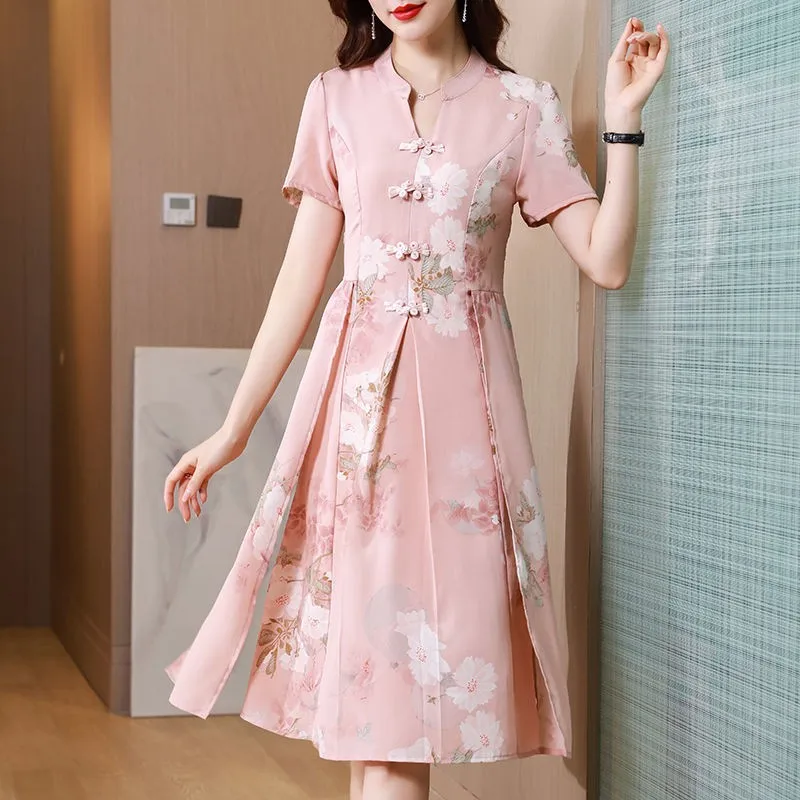 

2023 Pink Print Silk Satin Short Sleeve Midi Dress Women Vintage Asian-style Cheongsam Vestidos Summer Elegant Dress