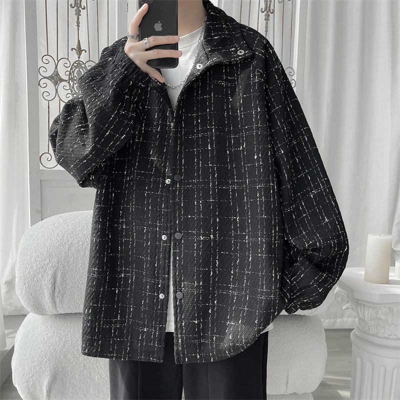 

Vintage Plaid Wool Blends Men Spring Autumn Loose Retro Pockets Stylish Ins Harajuku Student Leisure Overcoat Trends Outwear