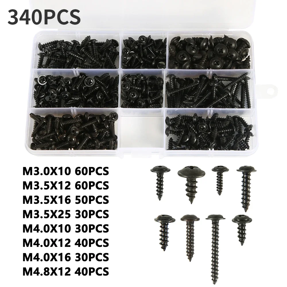 340Pcs Self Tapping Screws Metal Self Drilling Screws Assortment Kit M3 M3.5 M4 M4.8 Sturdy Pozi Flange Pan Head Kit Phillips