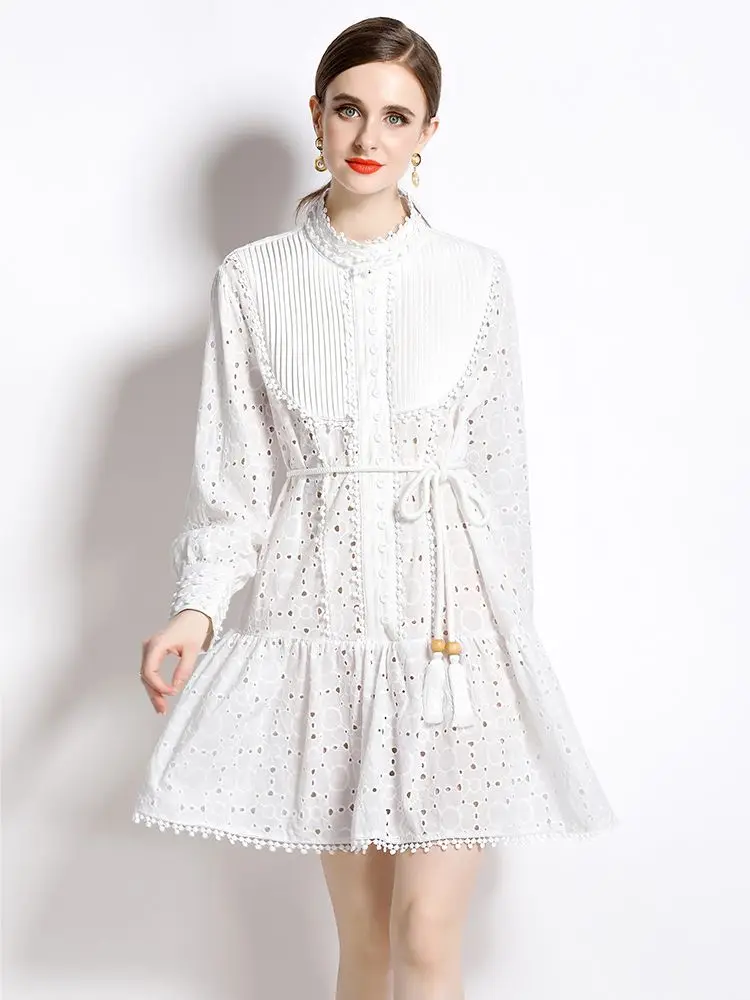 

Temperament Stand-up Collar Hollow Out White Dresses For Women Cotton Mini Dress Embroidery Lace Up Straight Summer Dress