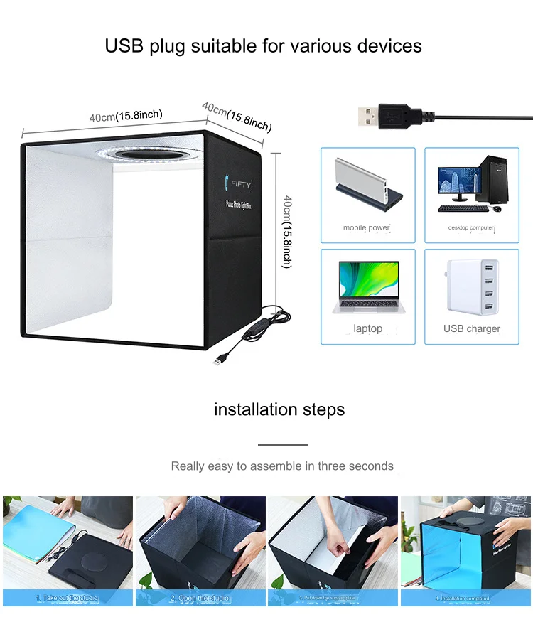 40cm Folding Studio Ring Light LED Portable Simple Folding Studio with 6 Double-sided Color Background Cloths Size 40x40x40cm