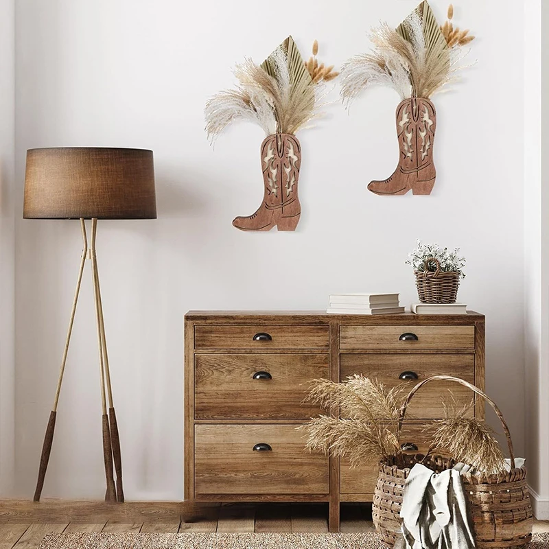 Wooden Cowgirl Cowboy Boot Vase Cowboy Boots Wall Planter Dried Flower Plant Shelf Wall Hanging Indoor Vase Hanging Art Ornament 4